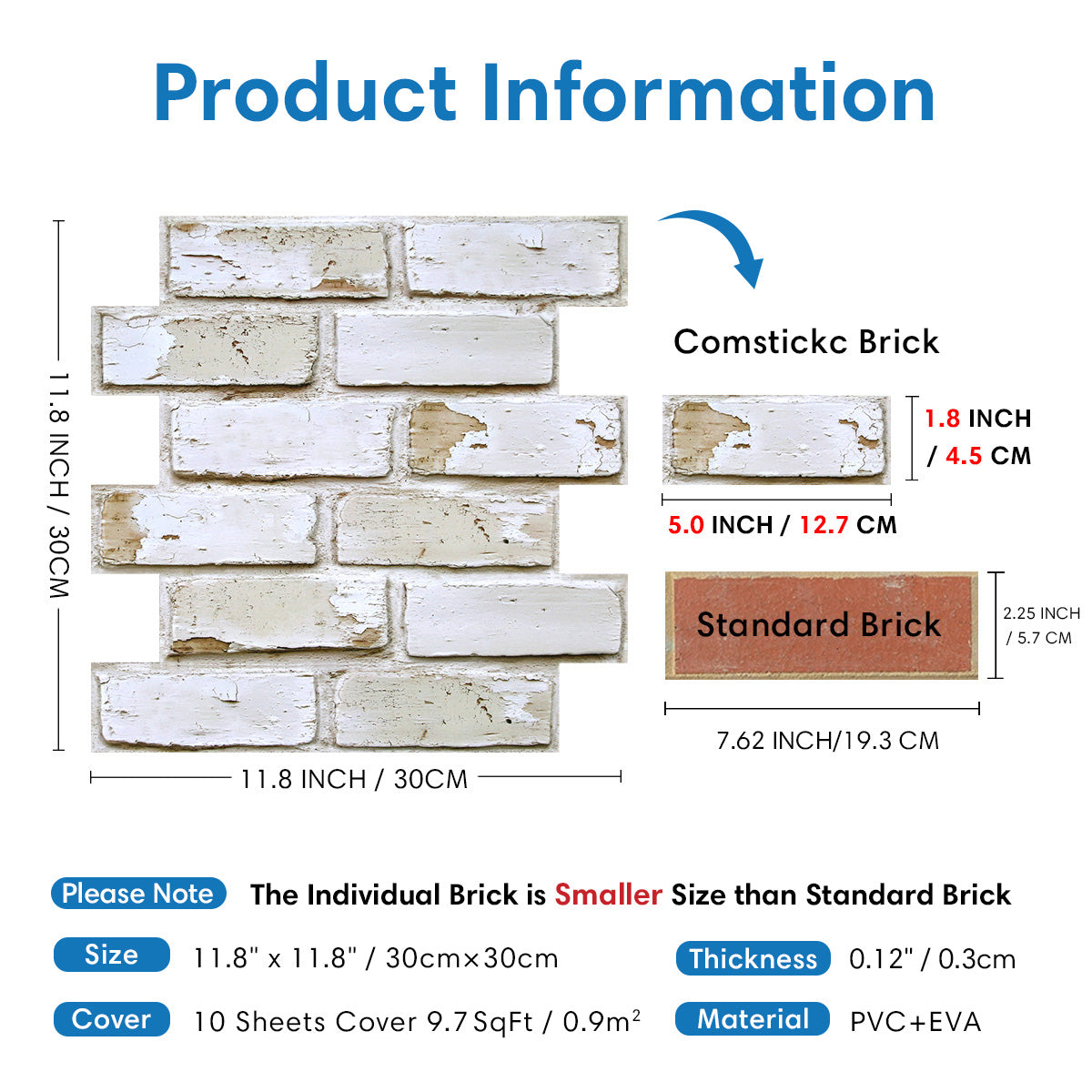 3D Vintage Whitewashed Brick Wall Panels Peel and Stick