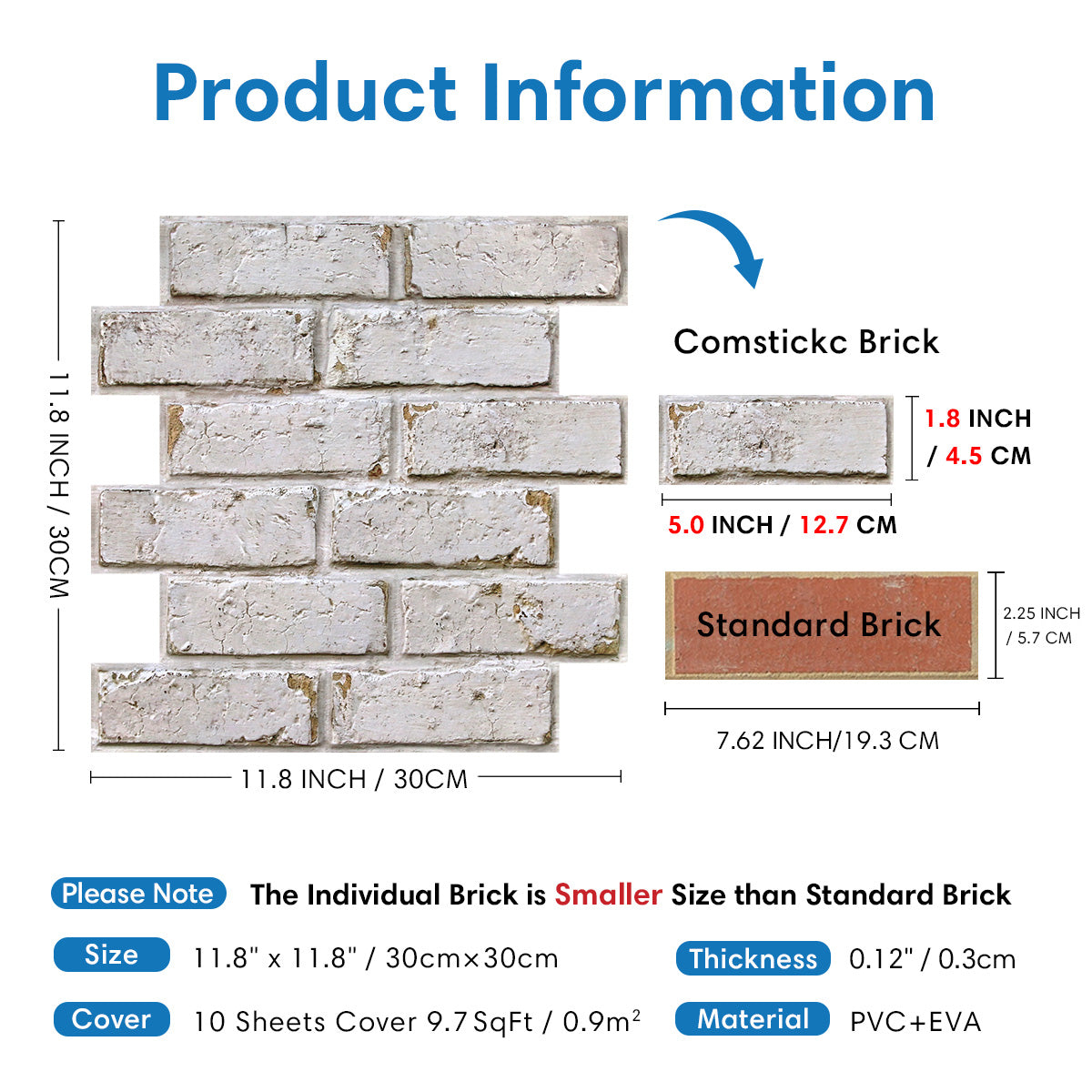 3D Distressed White Brick Wall Panels Peel and Stick