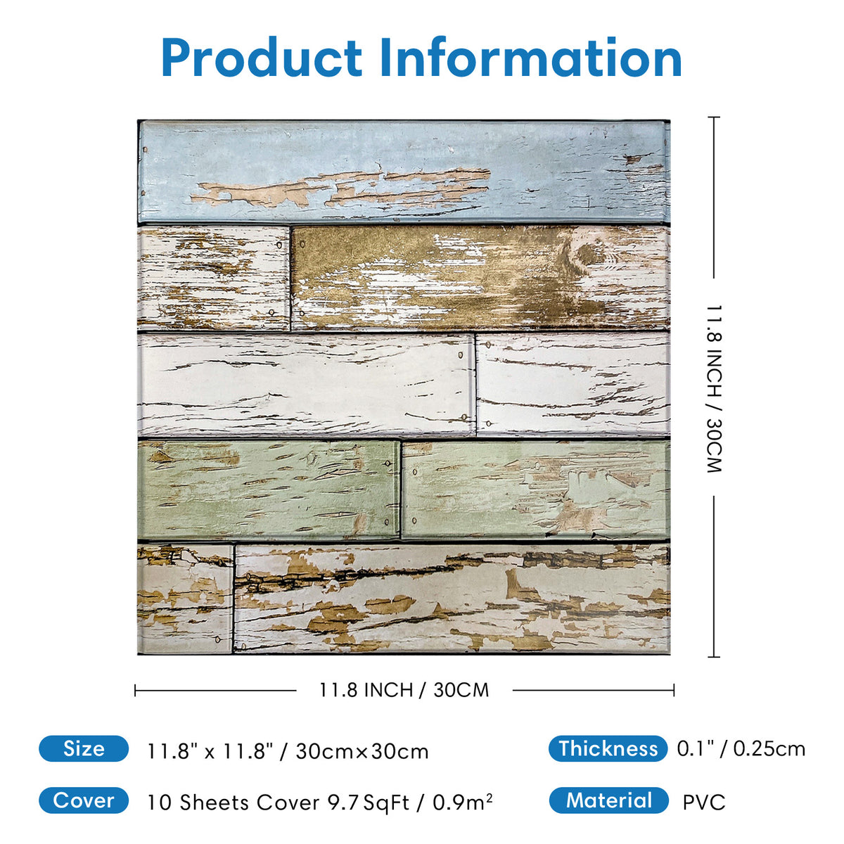3D Blue Green Horizontal Wooden Plank Wall Panels Peel and Stick