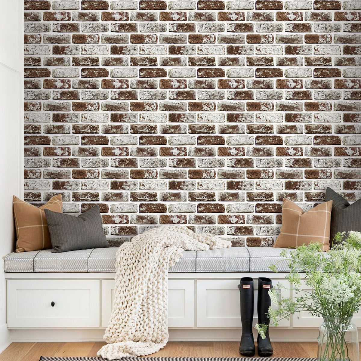 3D Coffee Brown Whitewash Brick Wall Panels Peel and Stick