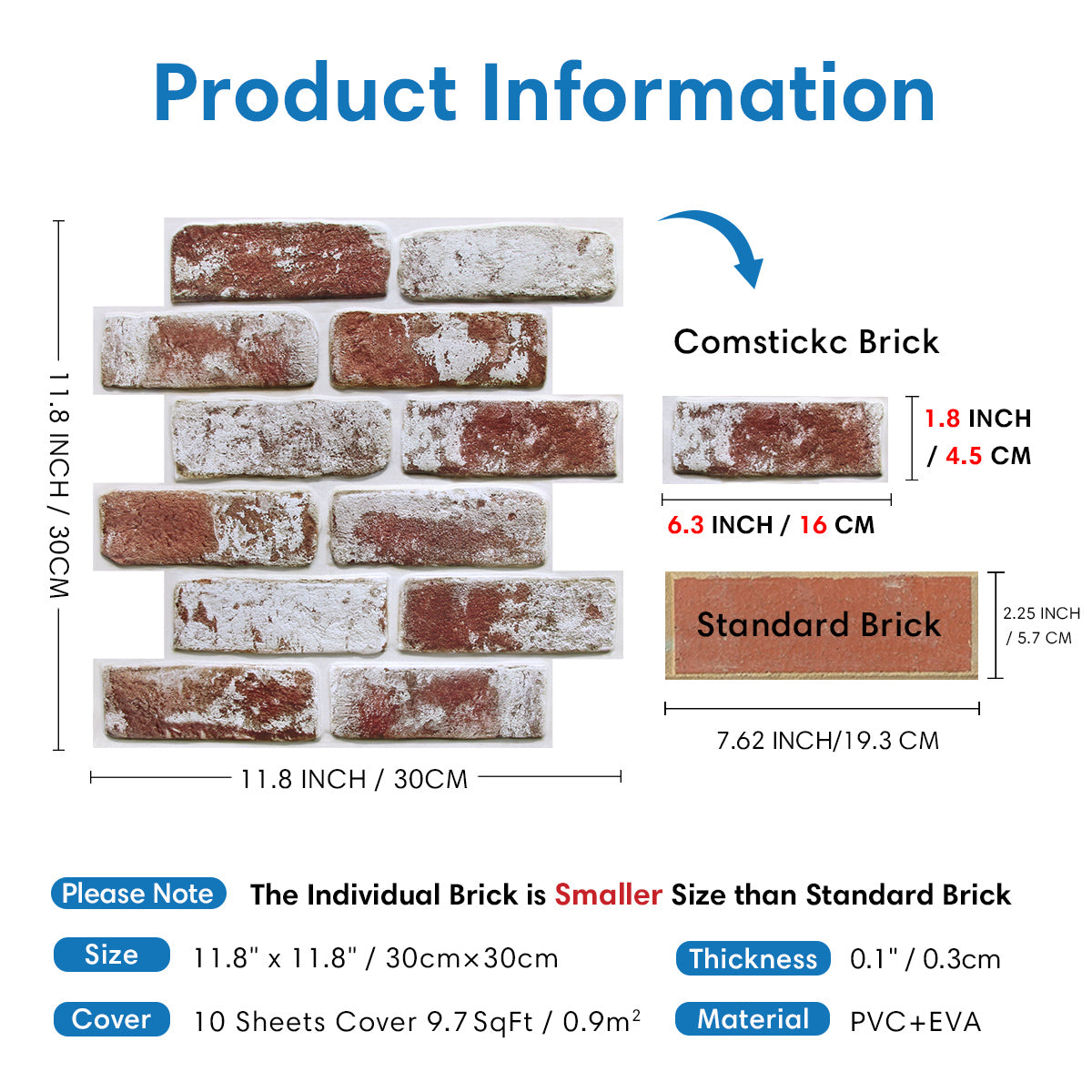 3D Vintage Red Whitewash Brick Wall Panels Peel and Stick