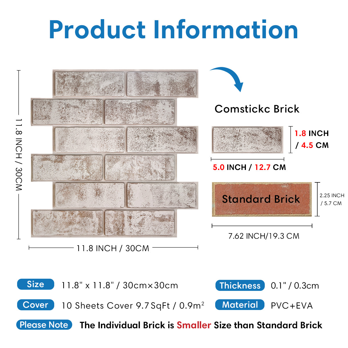 3D Brown Whitewash Brick Wall Panels Peel and Stick