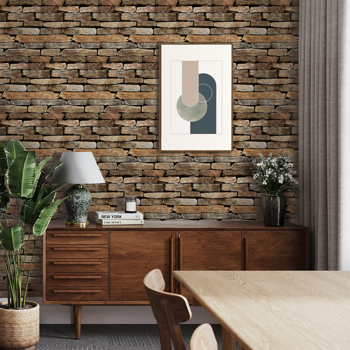 3D Brown Stacked Stone Wall Panels Peel and Stick