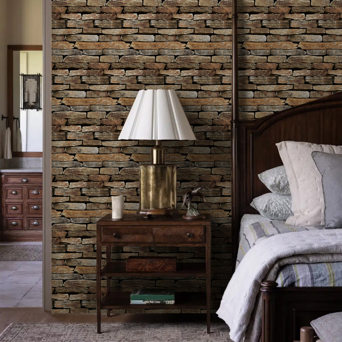 3D Brown Stacked Stone Wall Panels Peel and Stick