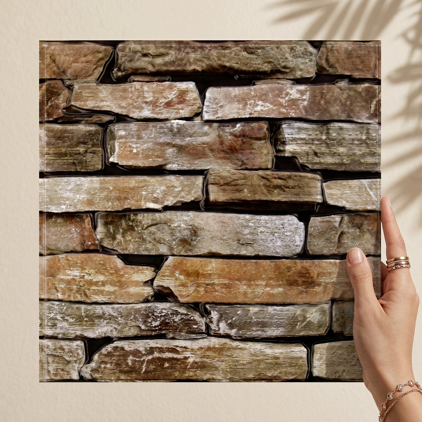 3D Brown Stacked Stone Wall Panels Peel and Stick