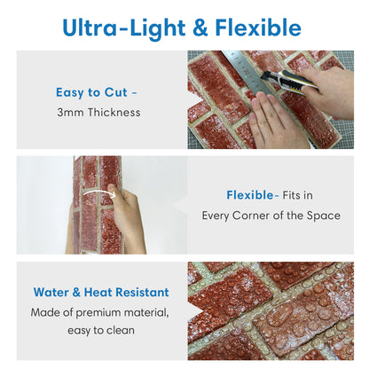 3D Antique Red Brick Wall Panels Peel and Stick