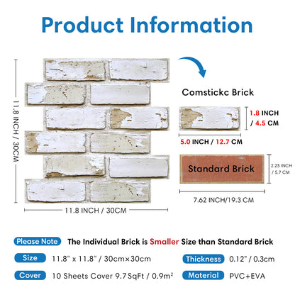 3D Vintage Whitewashed Brick Wall Panels Peel and Stick
