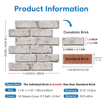 3D Distressed White Brick Wall Panels Peel and Stick