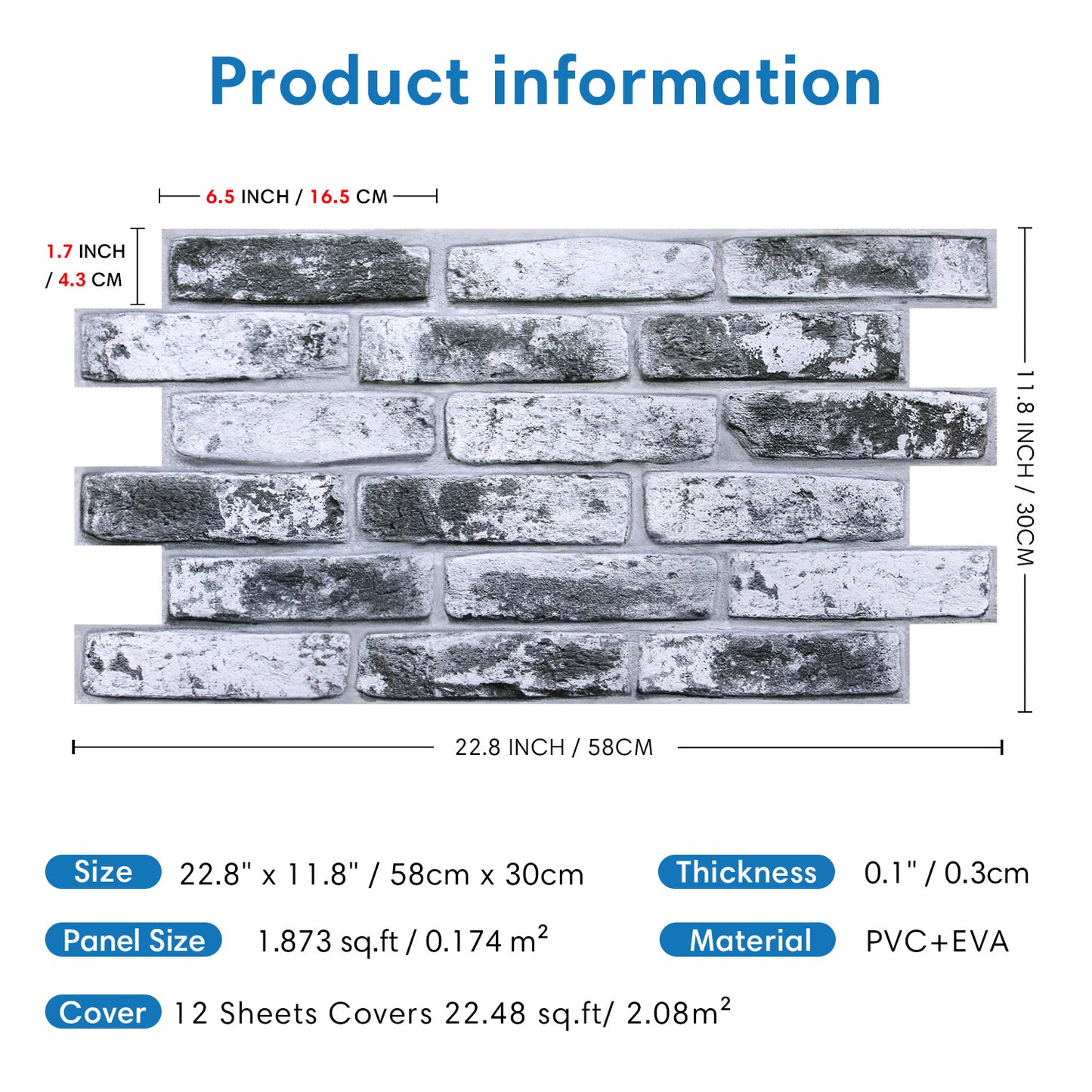 3D Gray Whitewash Brick Extra Large Wall Panels Peel and Stick