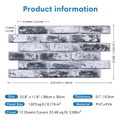 3D Gray Whitewash Brick Extra Large Wall Panels Peel and Stick