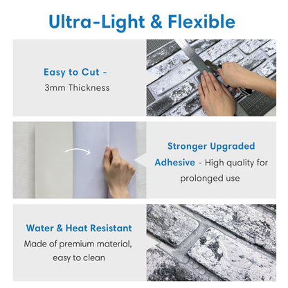 3D Gray Whitewash Brick Extra Large Wall Panels Peel and Stick