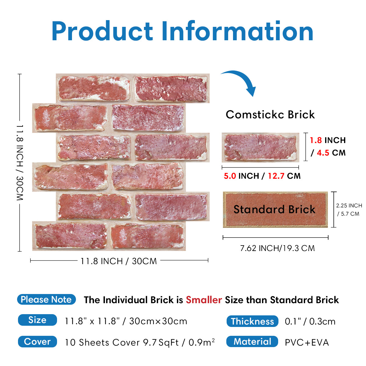 3D Old Red Rustic Brick Wall Panels Peel and Stick