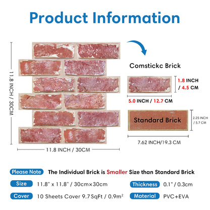 3D Old Red Rustic Brick Wall Panels Peel and Stick