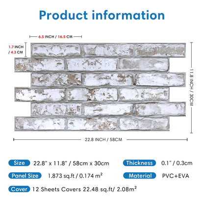 3D Rustic Whitewash Brick Extra Large Wall Panels Peel and Stick