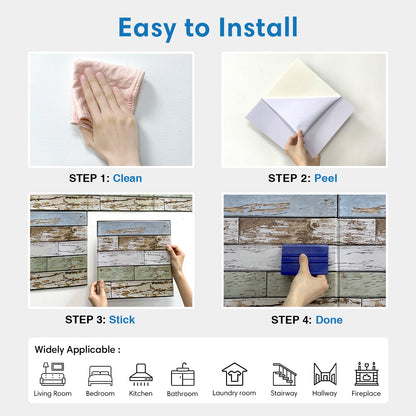 3D Blue Green Horizontal Wooden Plank Wall Panels Peel and Stick