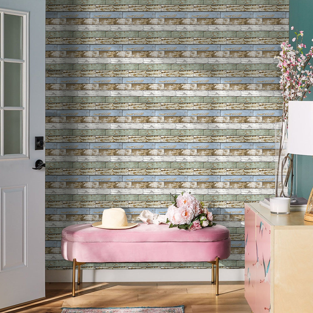 3D Blue Green Horizontal Wooden Plank Wall Panels Peel and Stick