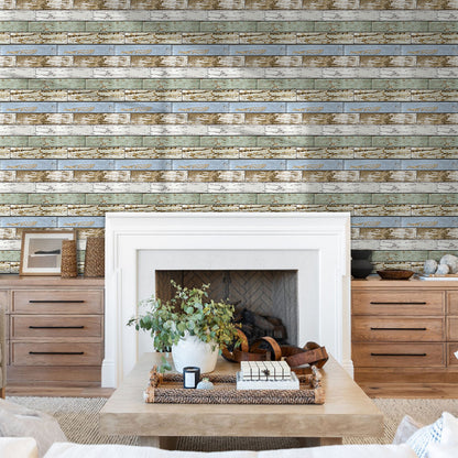 3D Blue Green Horizontal Wooden Plank Wall Panels Peel and Stick