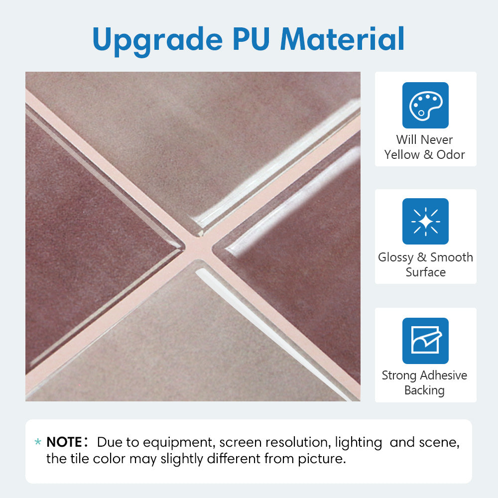 Tile with geometric pattern and text highlighting PU material features on a light gray background.