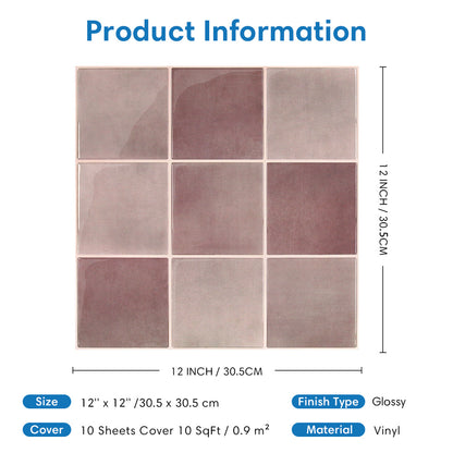 Square tiles with dimensions and product information on a white background