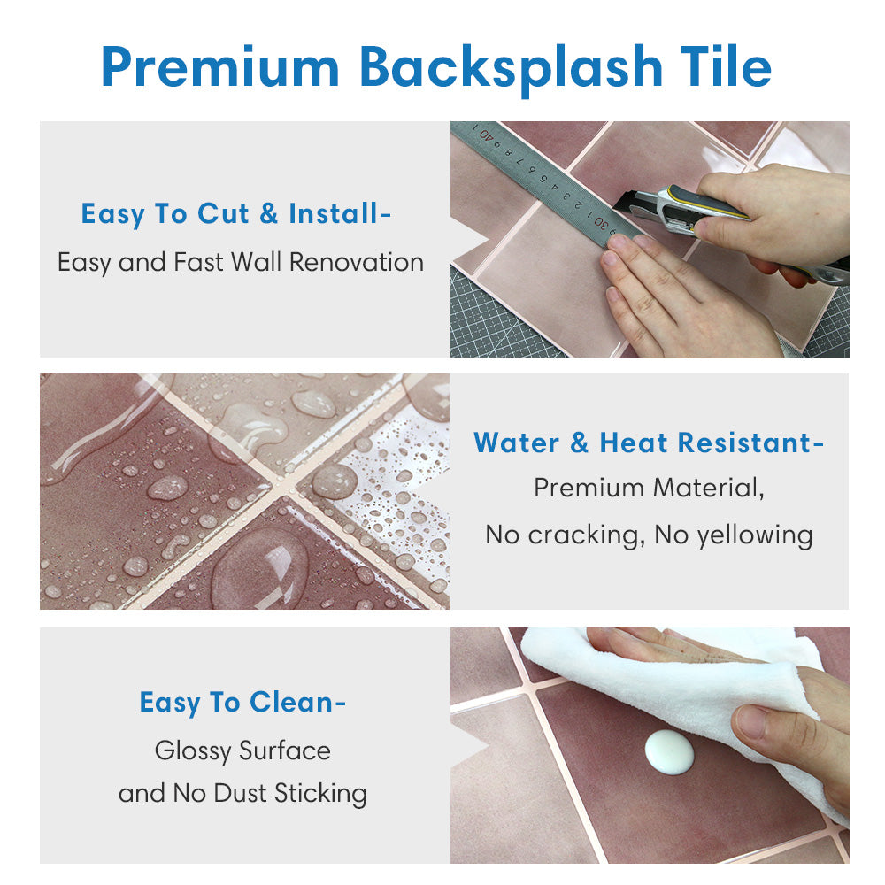 Advertisement for premium backsplash tile with text on ease of cutting, installation, water and heat resistance, and cleaning.