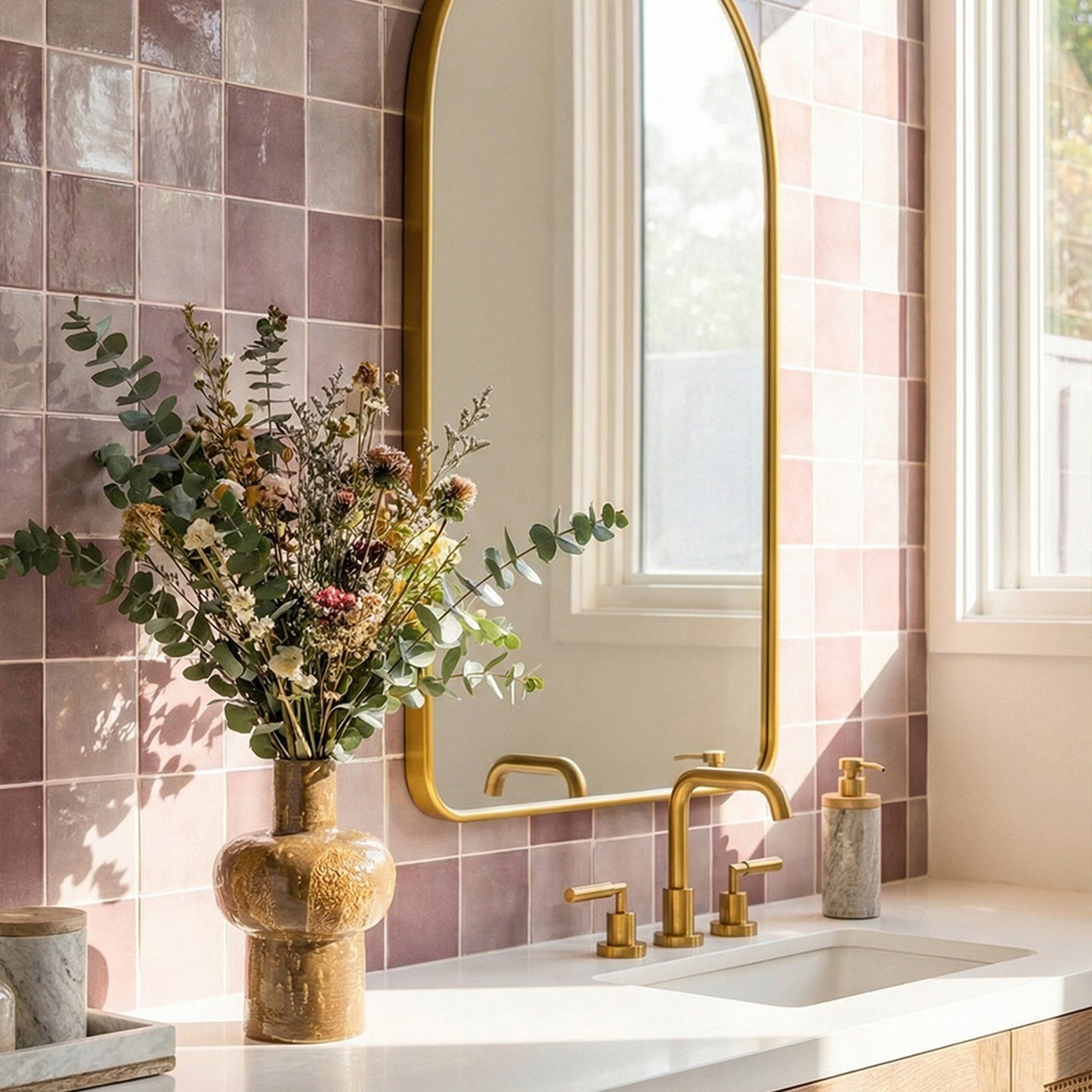Bathroom with pink tiled walls, gold fixtures, and a vase of flowers.