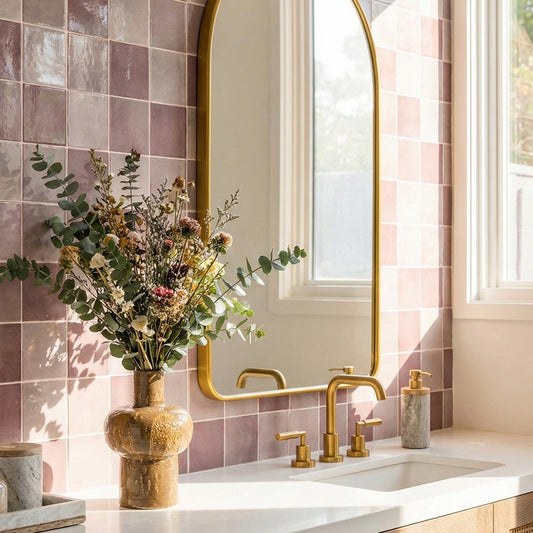 Bathroom with pink tiled walls, gold fixtures, and a vase of flowers.