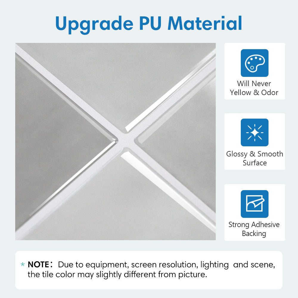 Decorative wall tile with geometric pattern and text highlighting PU material features.