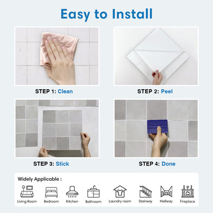 Step-by-step guide on how to install a product with images of cleaning, peeling, applying, and finishing.