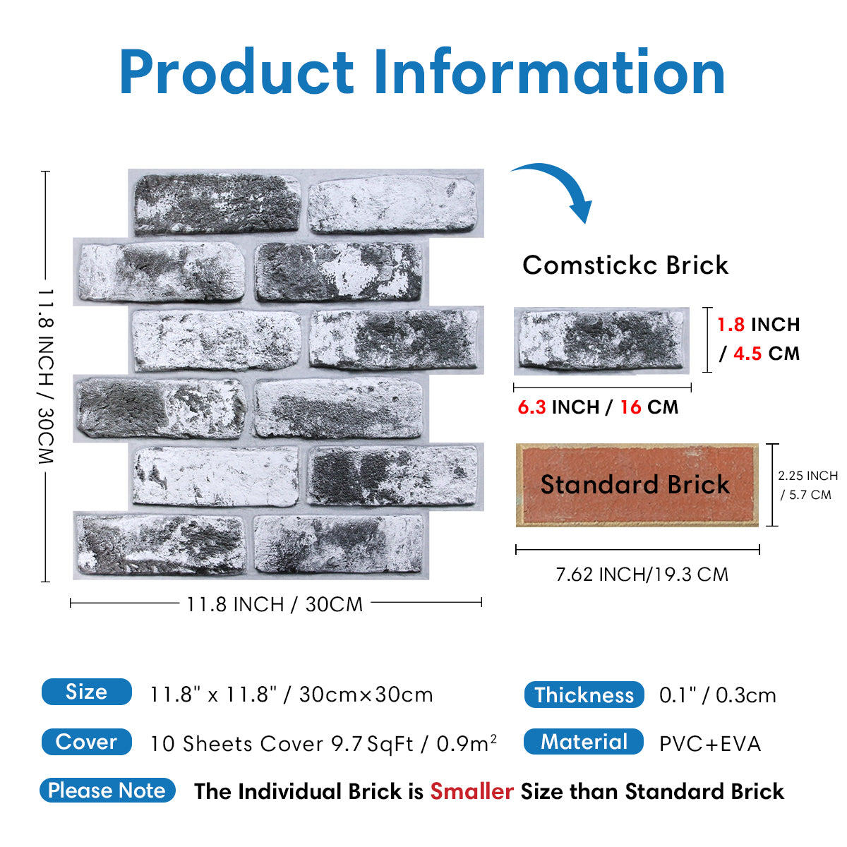 3D Dark Gray Whitewash Brick Wall Panels Peel and Stick