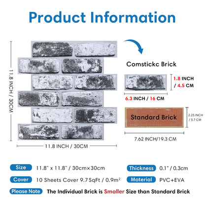 3D Dark Gray Whitewash Brick Wall Panels Peel and Stick