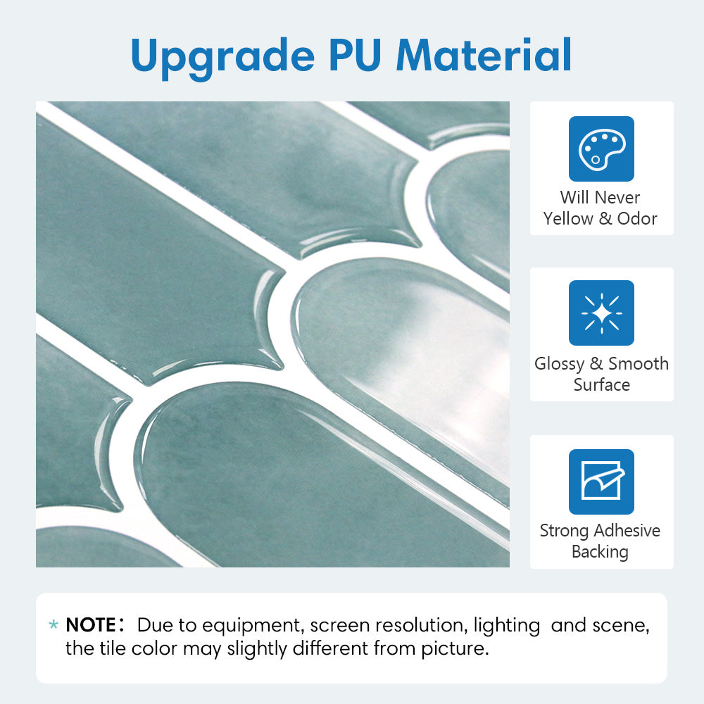 Teal tiles with white grout lines on a light gray background, featuring text about PU material properties.