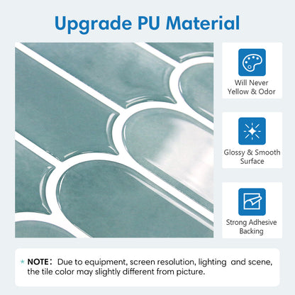 Teal tiles with white grout lines on a light gray background, featuring text about PU material properties.