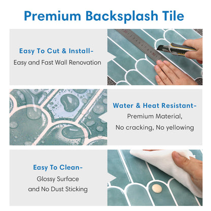 Advertisement for premium backsplash tile with text on ease of cutting, installation, water and heat resistance, and cleaning.