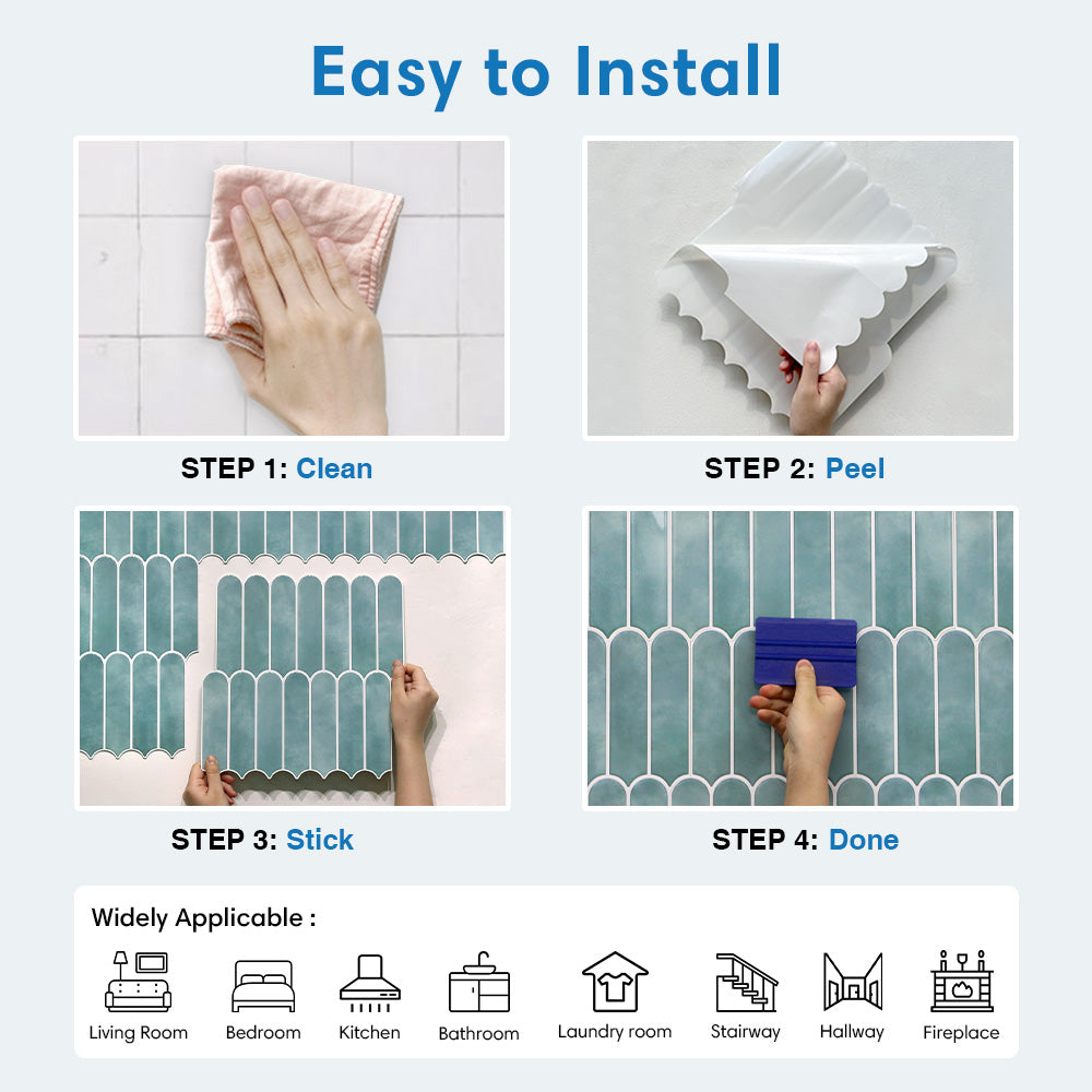 Step-by-step guide on how to install a decorative wall panel with images of cleaning, peeling, and sticking.