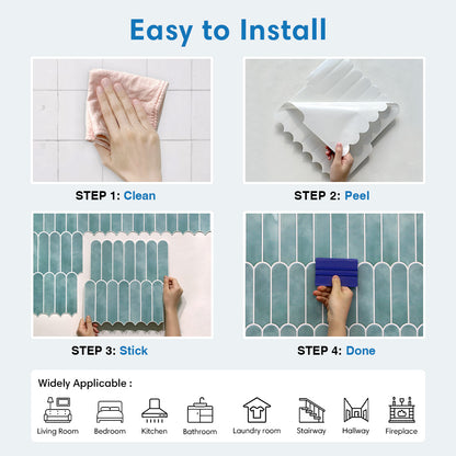 Step-by-step guide on how to install a decorative wall panel with images of cleaning, peeling, and sticking.