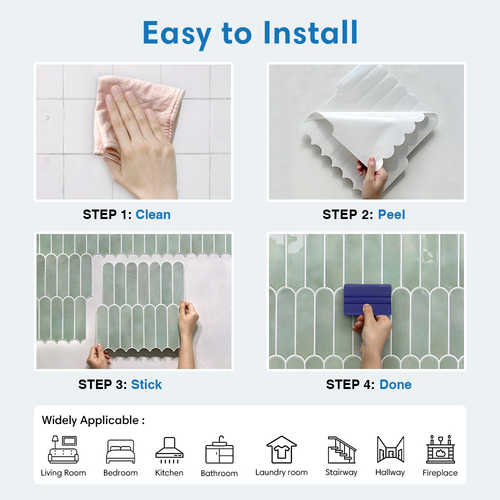 Step-by-step guide on how to install a decorative wall panel with images of cleaning, peeling, sticking, and applicable rooms.
