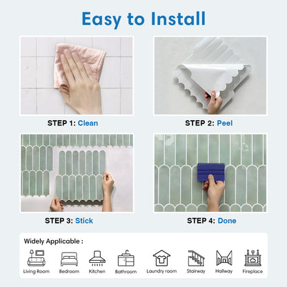 Step-by-step guide on how to install a decorative wall panel with images of cleaning, peeling, sticking, and applicable rooms.