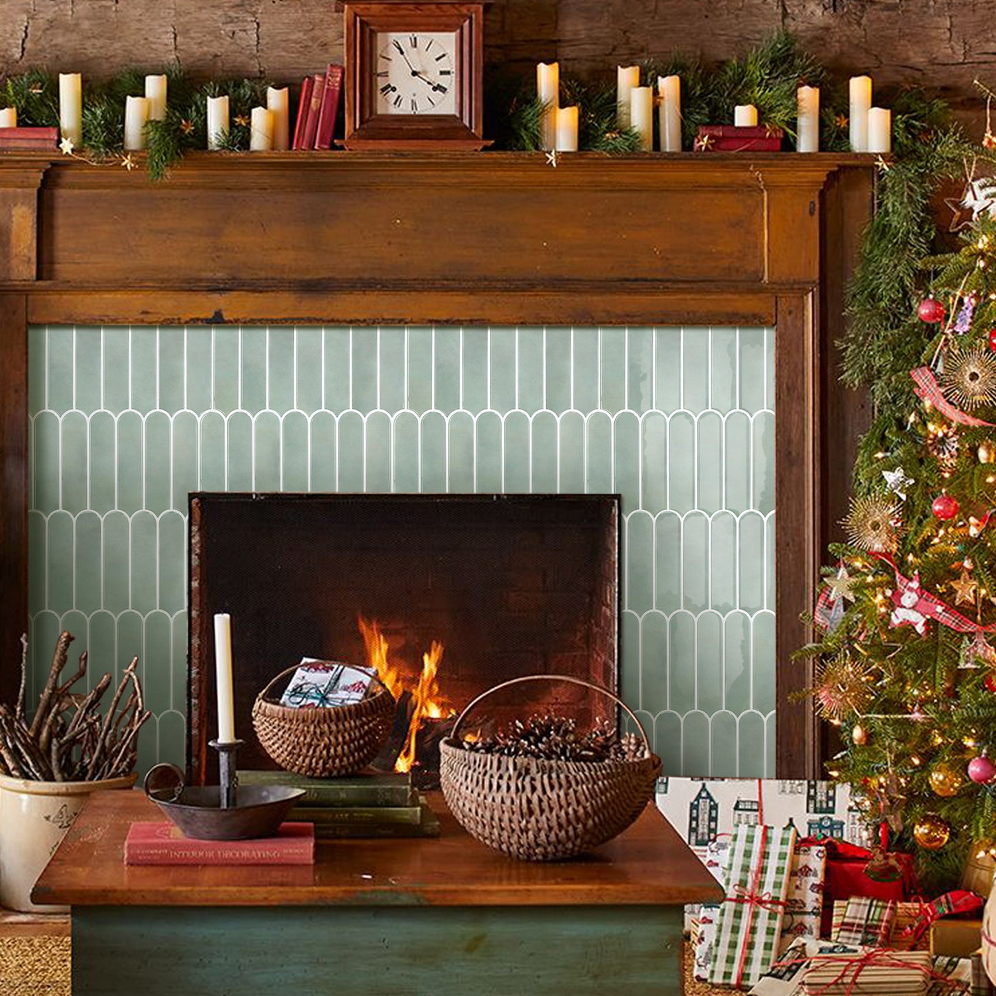 Cozy living room with a fireplace, Christmas tree, and decorated mantel.