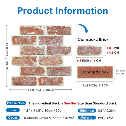 3D Old Red Rustic Brick Wall Panels Peel and Stick